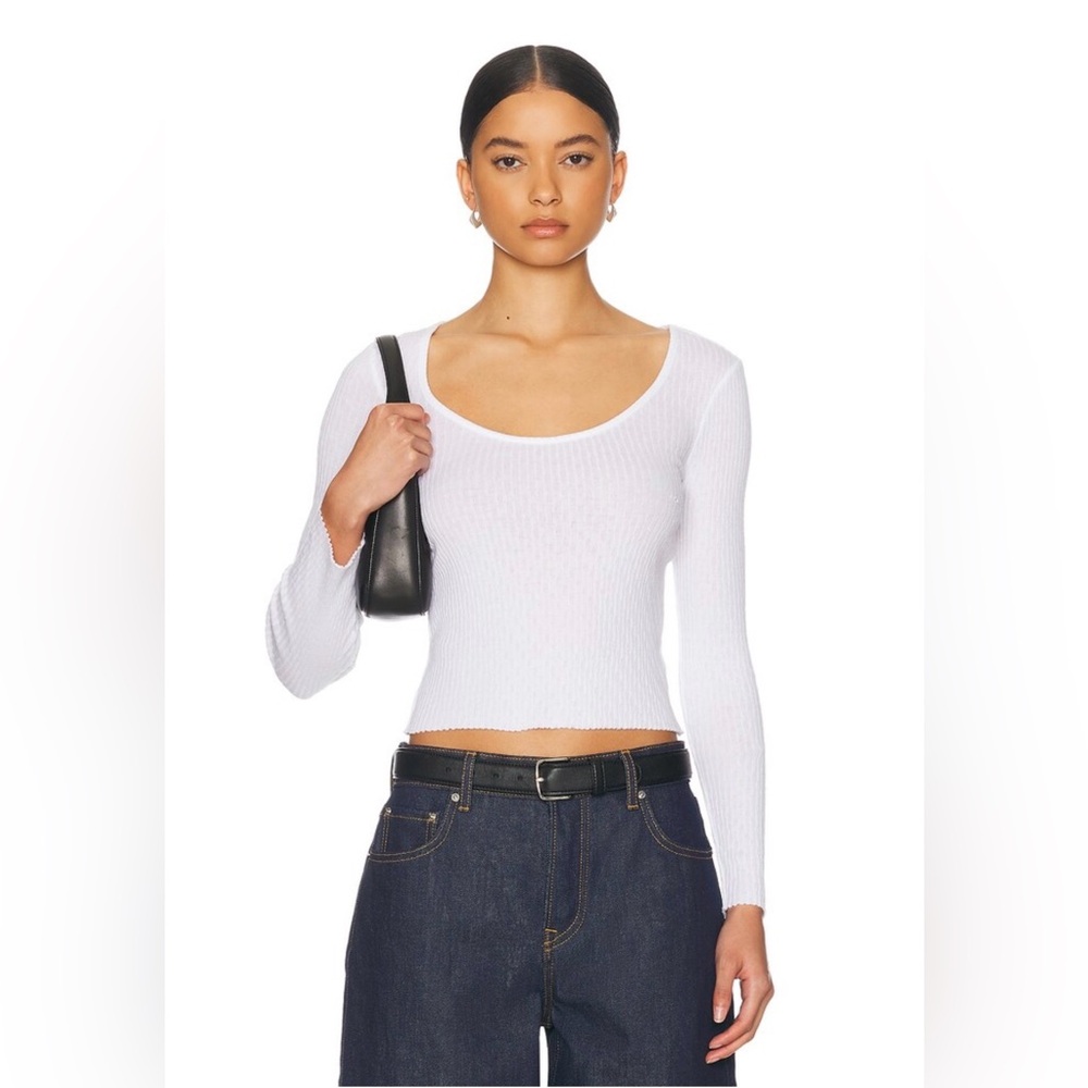 Enza Costa White Ribbed Scoop Neck Long Sleeve Top